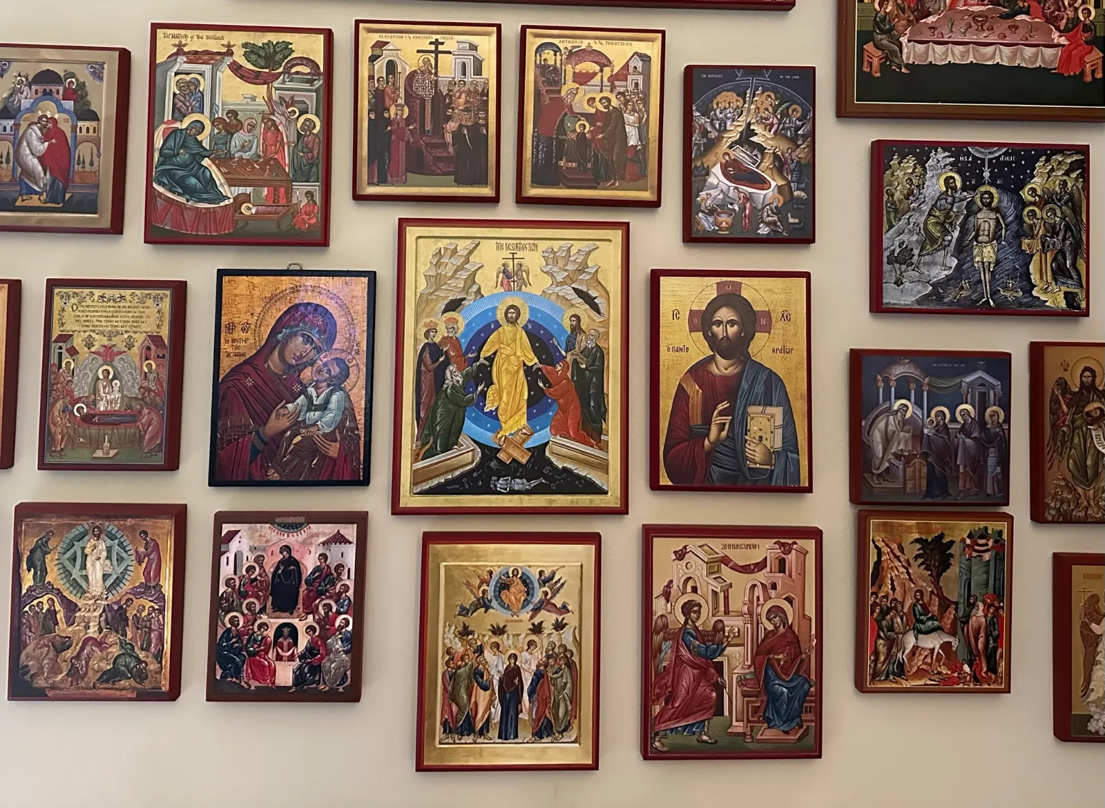 Image of a prayer corner with the icon of Pascha surrounded by icons of the Twelve Great Feasts