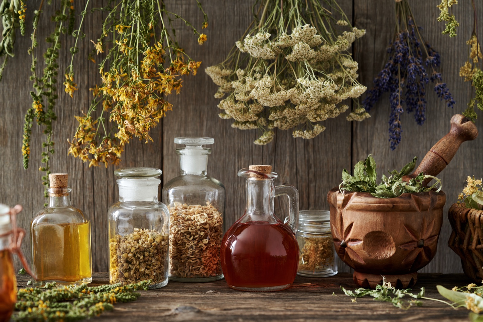 Herbal oils, jars of dried herbs, and a mortar beneath hanging flowers