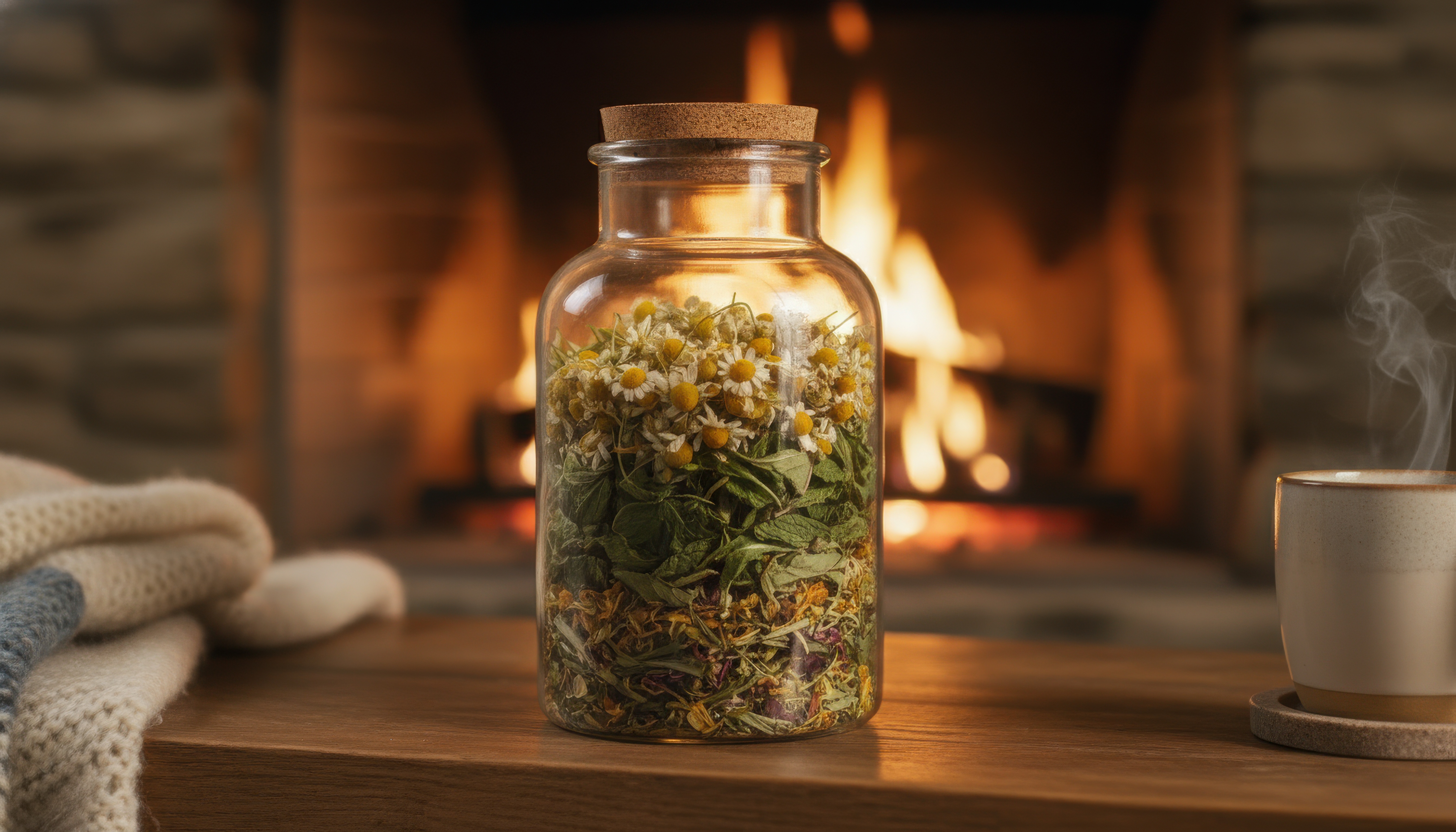 Jar of dried herbs and chamomile by a warm fireplace